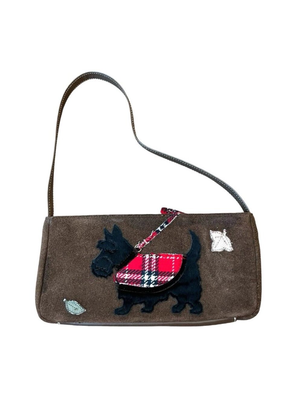 Black Scottish Terrier Brown Suede Shoulder Bag Leather Scottie Dog Applique Vtg